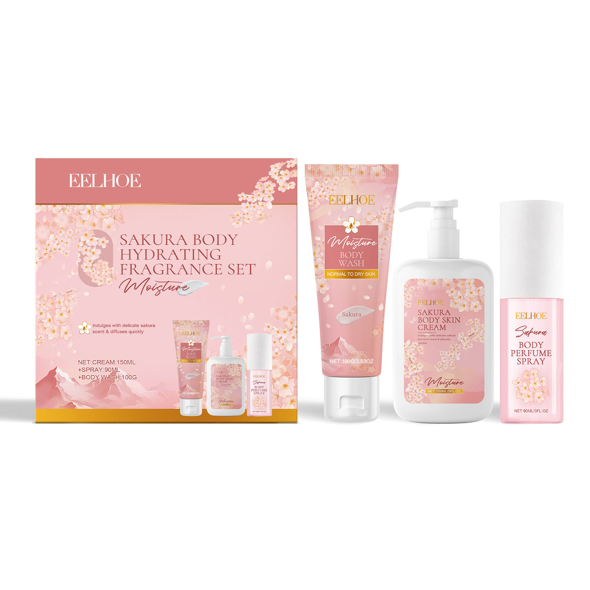 Cherry Blossom Body Care Set featuring hydrating cream, body wash, and perfume spray for nourishing skin.