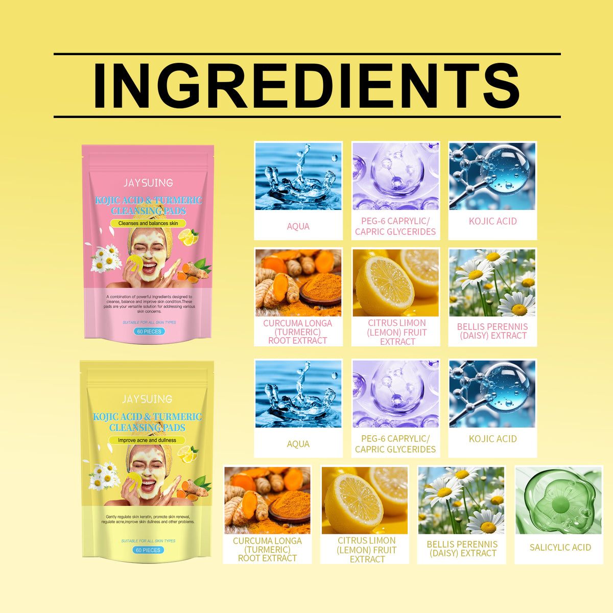 Jaysuing Kojic Acid And Turmeric Balanced Water-Oil Cleansing Pad, Gently Cleanses The Skin's Keratin Layer, Softly Purifies And Soothes The Skin Cleansing Pad