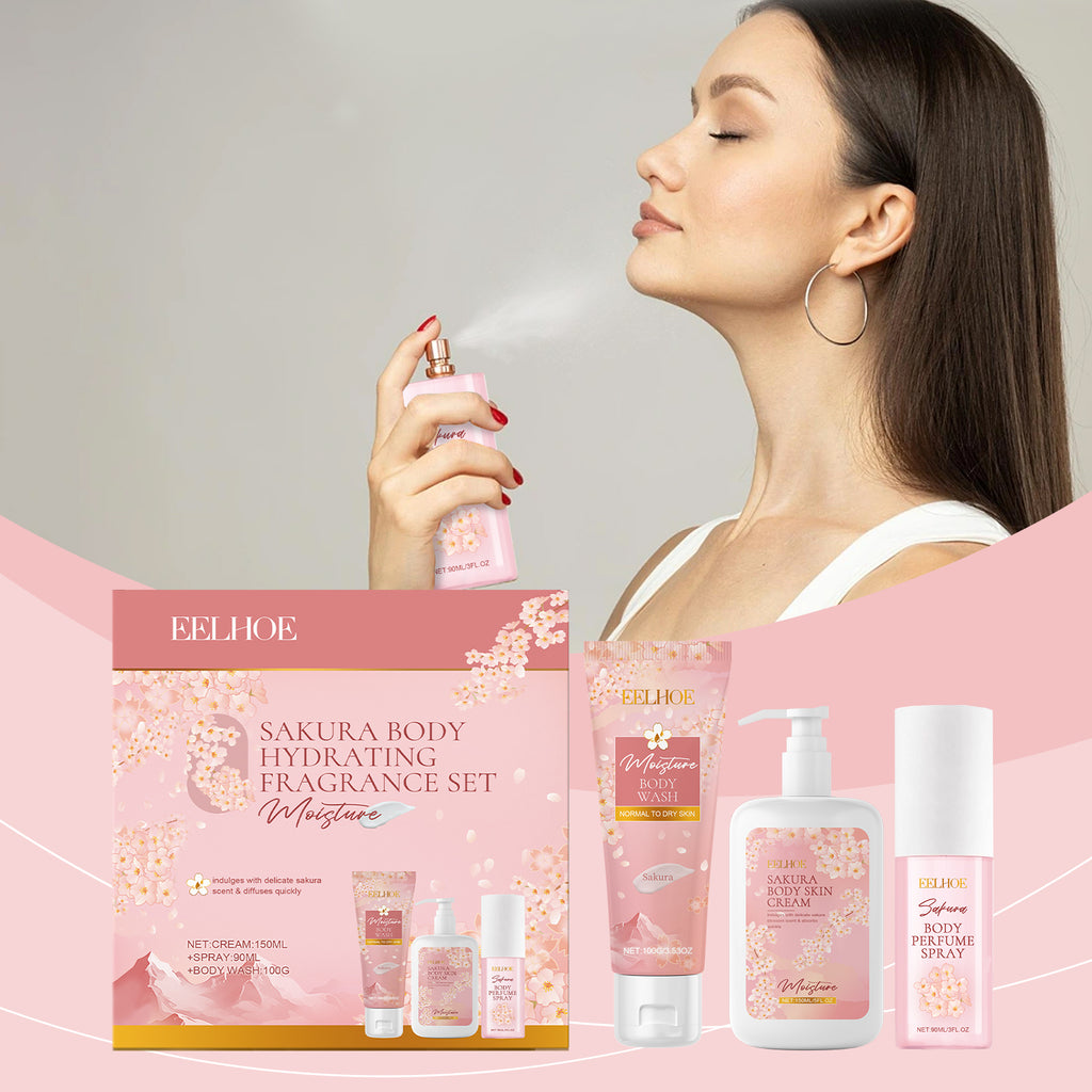 Cherry Blossom Body Care Set displayed with woman applying body mist and various skincare products.