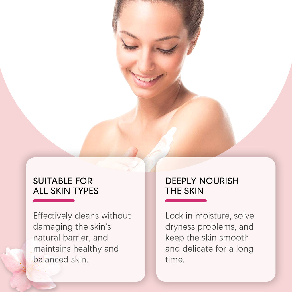 Cherry Blossom Body Care Set on a woman applying lotion, highlighting skin nourishment and cleansing benefits.