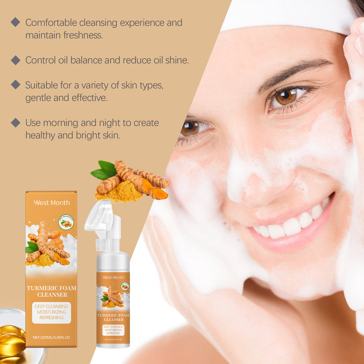West&Month Turmeric Foam Cleanser Gentle Cleansing Pore Cleanser Refreshing Moisturizing Moisturizing Cleanser