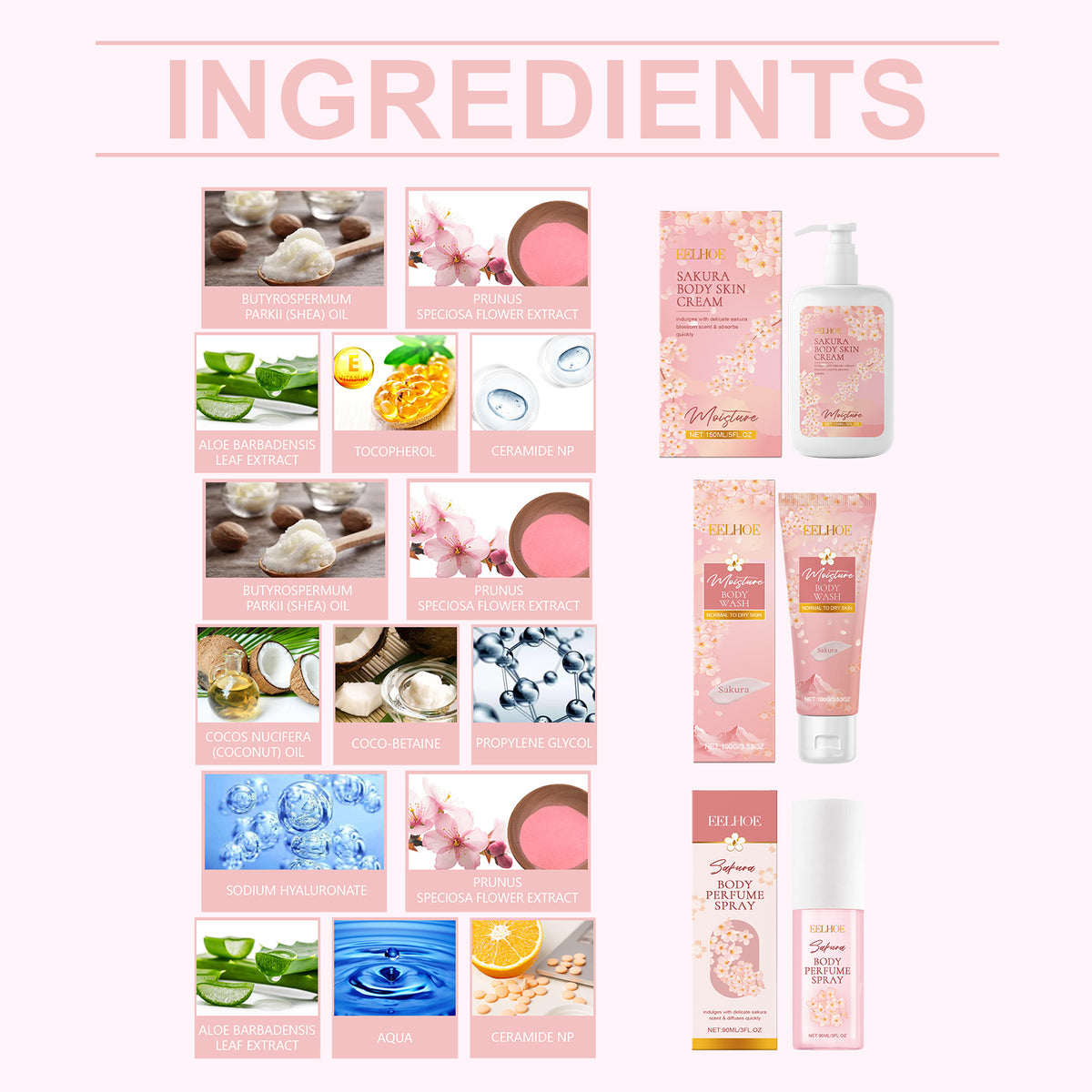 Ingredients list for Cherry Blossom Body Care Set including sodium hyaluronate and cherry blossom extract.