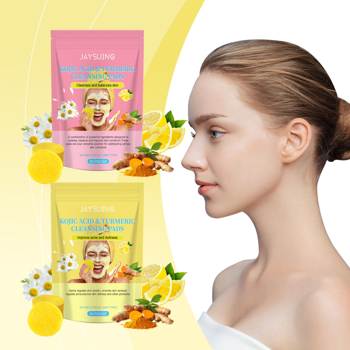 Jaysuing Kojic Acid And Turmeric Balanced Water-Oil Cleansing Pad, Gently Cleanses The Skin's Keratin Layer, Softly Purifies And Soothes The Skin Cleansing Pad